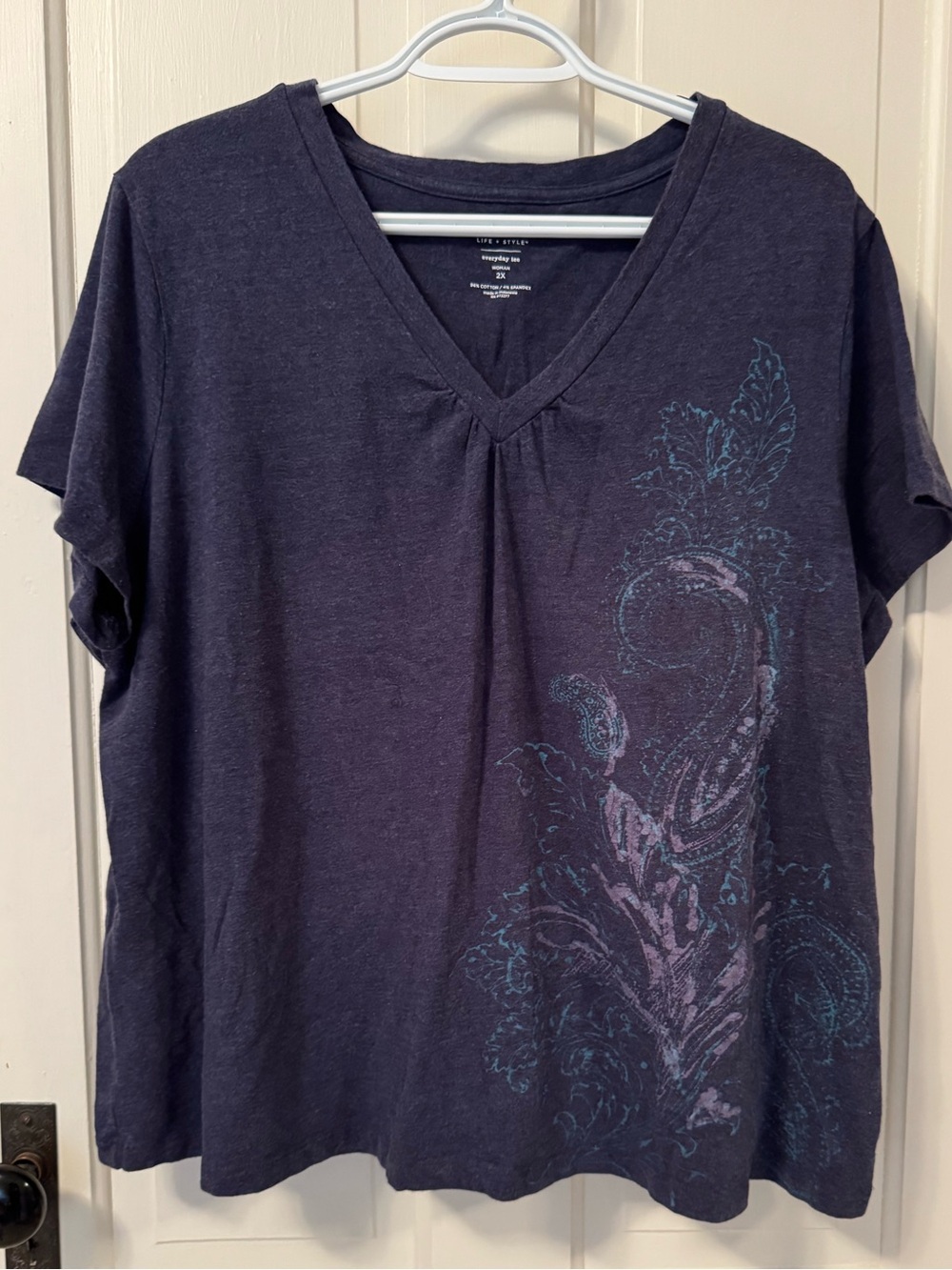Sonoma Navy V-Neck Short Sleeve Top with Teal Floral Scroll Women's Size 2X
